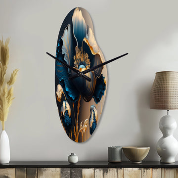Deep Blue And Gold Single Flower V - Asymmetric Metal Wall Clock